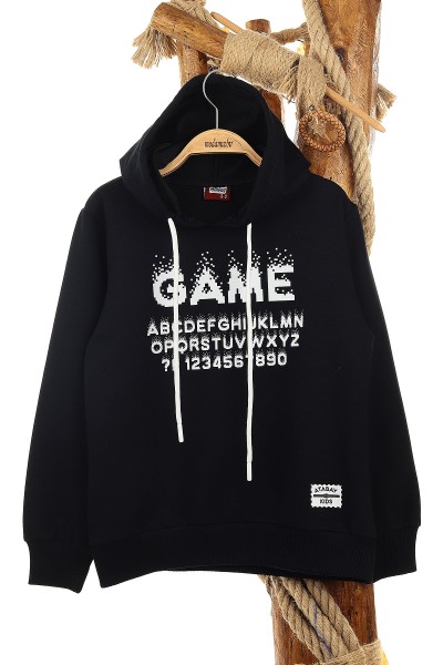Siyah (9-12 Yaş) Game Baskılı Kapşonlu Erkek Çocuk Sweat 148964