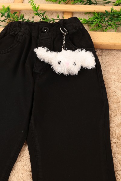 Siyah (9-12 Yaş) Işıklı Tavşan Oyuncaklı Kız Çocuk Pantolon 161689