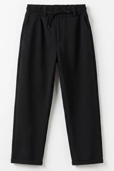 Siyah (9-16 Yaş) Duble Paça Jakarlı Erkek Jogger Pantolon 492988