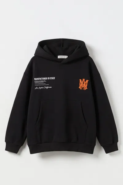 Siyah (9-16 Yaş) Kapüşonlu İçi Şardonlu Erkek Çocuk Sweatshirt 495813
