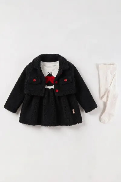 Siyah (9-24 Ay) Süzene Uğur Böceği Nakışlı Peluş Ceketli Çoraplı Kız Bebek Elbiseli Takım 482199
