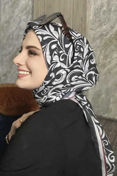 Siyah 90x90 Cm Dijital Baskı Flovery Desenli Pamuk Eşarp 372988