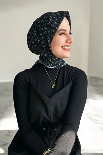 Siyah 90x90 Cm Dijital Baskı Zincir Desenli Pamuk Eşarp 380281