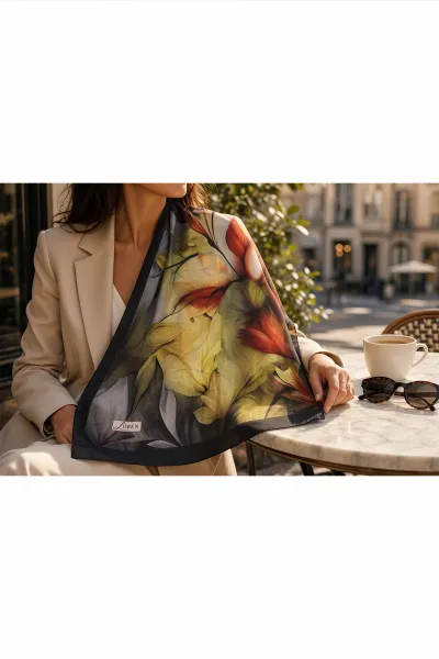 Siyah 90x90 Cm Dijital Baskılı Botanica Desen Soft Eşarp 498466