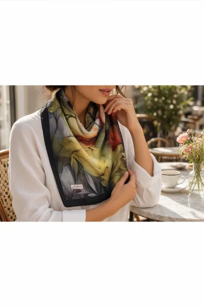 Siyah 90x90 Cm Dijital Baskılı Botanica Desen Soft Eşarp 498466