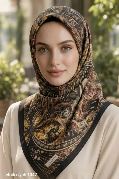Siyah 90x90 Cm Dijital Baskılı Etnik Desen Kutulu Twill Eşarp 500932