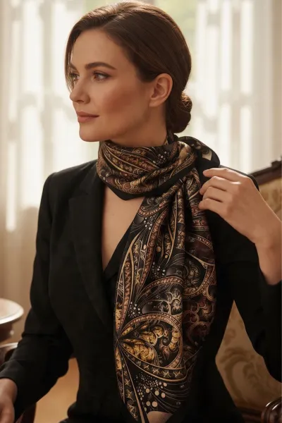 Siyah 90x90 Cm Dijital Baskılı Etnik Desen Kutulu Twill Eşarp 500932
