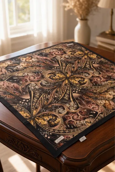 Siyah 90x90 Cm Dijital Baskılı Etnik Desen Kutulu Twill Eşarp 500932