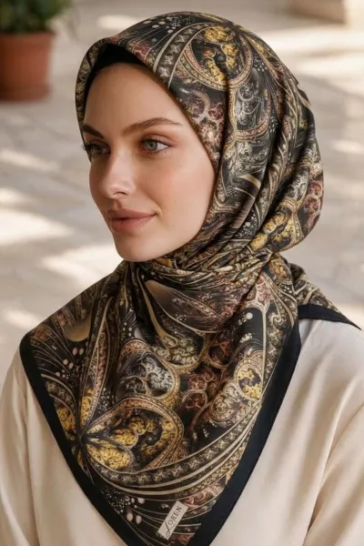 Siyah 90x90 Cm Dijital Baskılı Etnik Desen Kutulu Twill Eşarp 500932