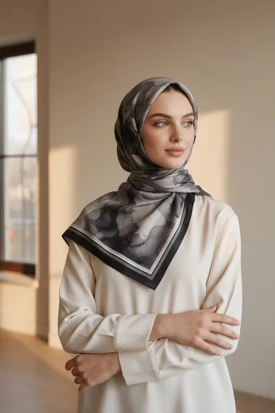 Siyah 90x90 Cm Dijital Baskılı Floria Desen Soft Eşarp 498558