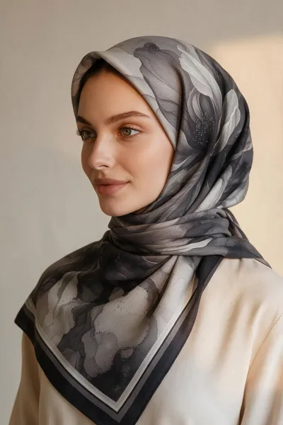 Siyah 90x90 Cm Dijital Baskılı Floria Desen Soft Eşarp 498558