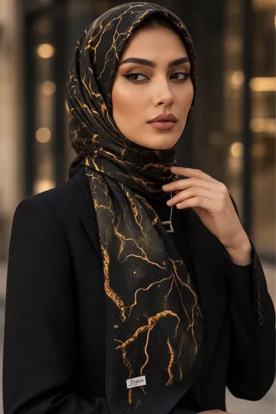 Siyah 90x90 Cm Dijital Baskılı Mermer Desen Kutulu Twill Eşarp 501053