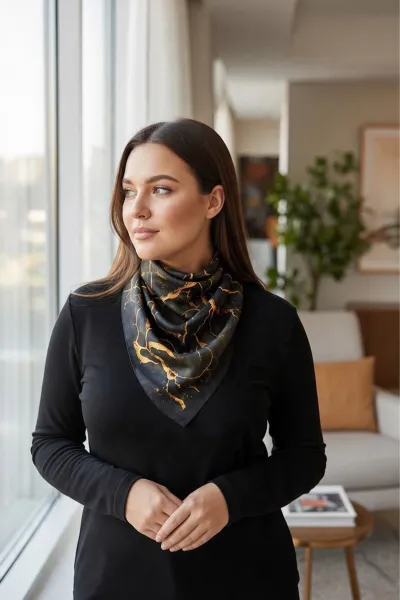 Siyah 90x90 Cm Dijital Baskılı Mermer Desen Kutulu Twill Eşarp 501053