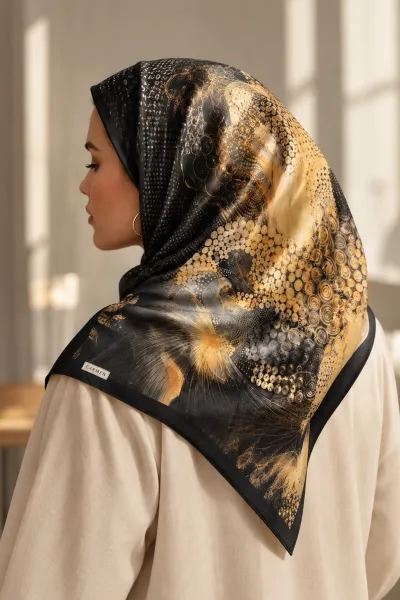Siyah 90x90 Cm Dijital Baskılı Orbit Desen Soft Eşarp 498491