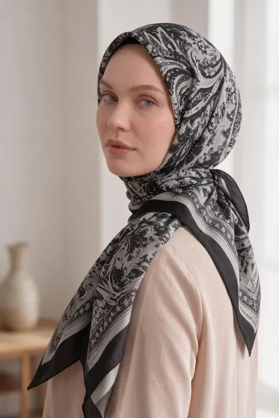 Siyah 90x90 Cm Dijital Baskılı Persiana Desen Soft Eşarp 498447