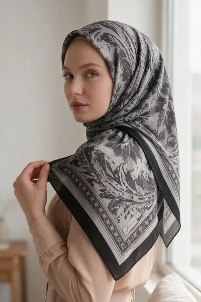 Siyah 90x90 Cm Dijital Baskılı Persiana Desen Soft Eşarp 498447