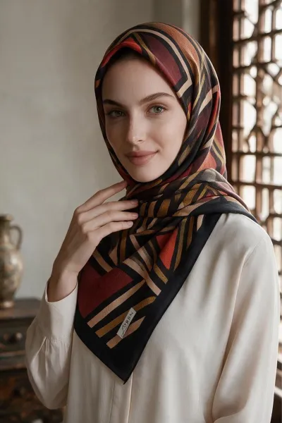 Siyah 90x90 Cm Dijital Baskılı Porto Desen Kutulu Twill Eşarp 500956