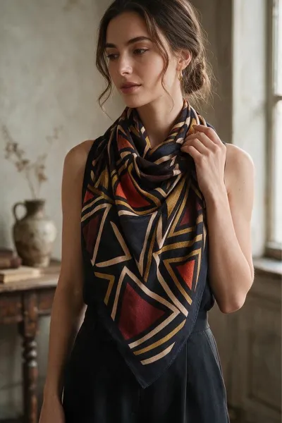 Siyah 90x90 Cm Dijital Baskılı Porto Desen Kutulu Twill Eşarp 500956