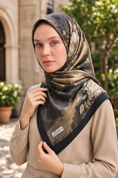 Siyah 90x90 Cm Dijital Baskılı Yıldız Desen Kutulu Twill Eşarp 500987