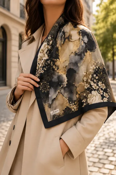 Siyah 90x90 Cm Dijital Baskılı Yıldız Desen Kutulu Twill Eşarp 500987