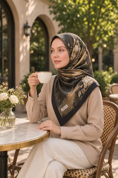 Siyah 90x90 Cm Dijital Baskılı Yıldız Desen Kutulu Twill Eşarp 500987