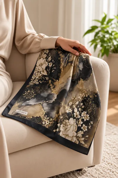 Siyah 90x90 Cm Dijital Baskılı Yıldız Desen Kutulu Twill Eşarp 500987