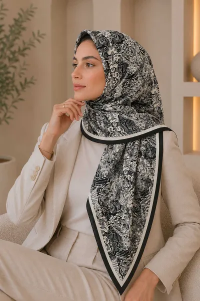 Siyah 95x95 Cm Dijital Baskılı Valencia Desen Soft Eşarp 473337