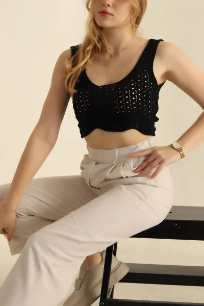 Siyah Ajurlu Crop Triko Bluz 271047
