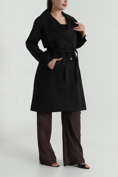 Siyah Aller Detay Kadın Gabardin Trençkot 485780