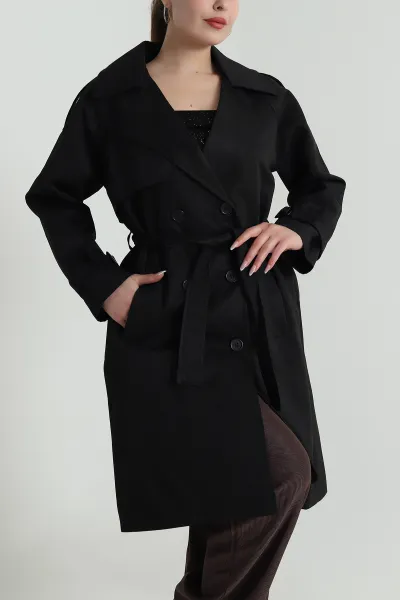 Siyah Aller Detay Kadın Gabardin Trençkot 485780
