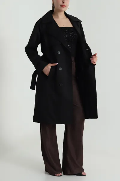 Siyah Aller Detay Kadın Gabardin Trençkot 485780