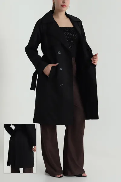 Siyah Aller Detay Kadın Gabardin Trençkot 485780
