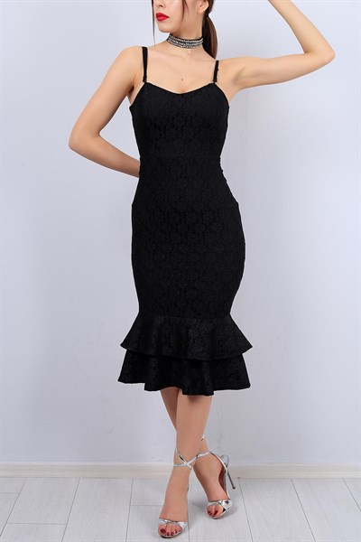 Siyah Altı Fırfırlı Bayan Askılı Elbise 12593B