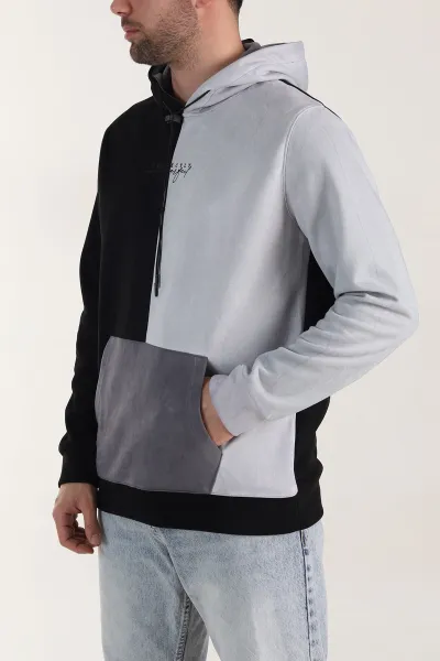 Siyah Antrasit Kapüşonlu Yazı Detaylı Cepli Erkek Sweatshirt 413637
