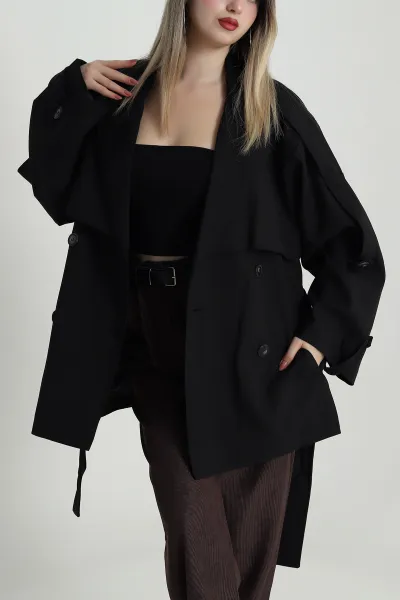 Siyah Apolet Detay Oversize Bezayağı Kadın Trenç 485778
