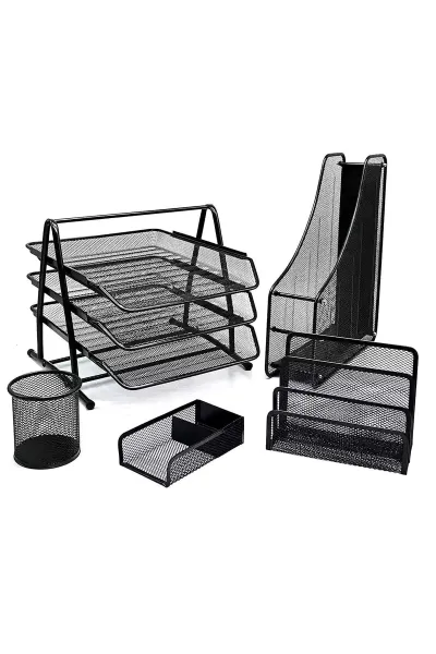 Siyah Ark 5'li Metal Ofis Seti (Evrak Rafı - Küpnotluk - Magazinlik - Kalemlik - Mektupluk) 450567