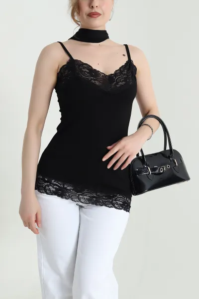 Siyah Asimetrik Dantelli Oysho Kadın Bluz 464487