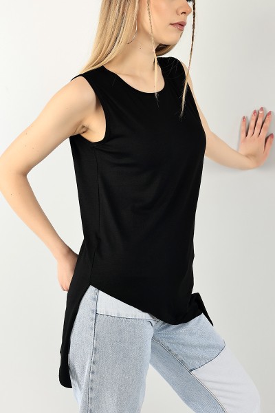 Siyah Asimetrik Kesim Kolsuz Bluz 100559