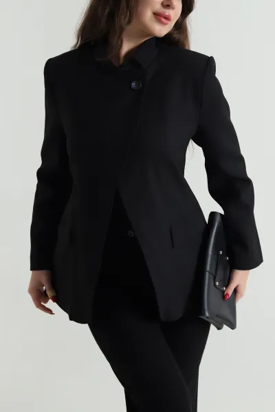Siyah Asimetrik Kruvaze Bezayağı Kadın Blazer Ceket 497646