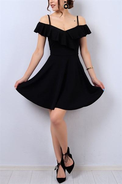 Siyah Askılı Yaka Fırfırlı Bayan Elbise 13814B