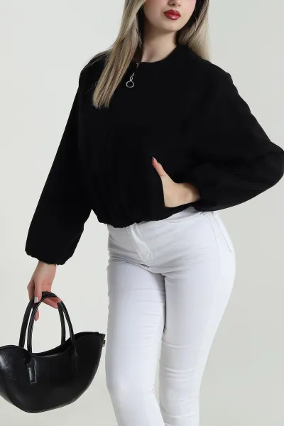 Siyah Astarlı Beli Lastikli Kaşe Mont 489376