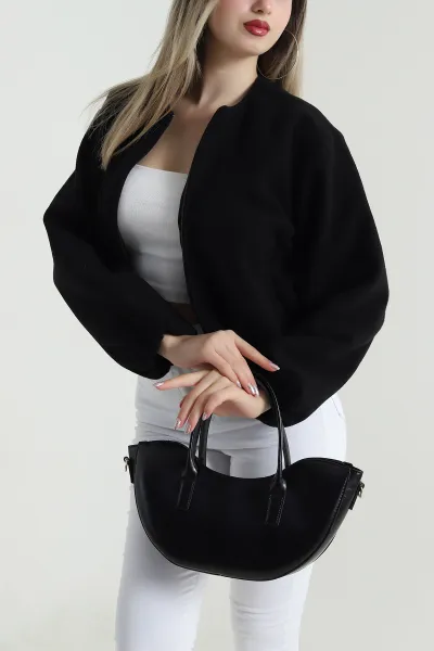 Siyah Astarlı Beli Lastikli Kaşe Mont 489376