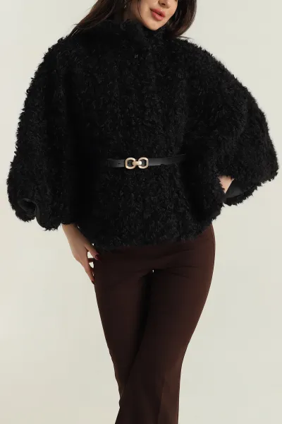 Siyah Astarlı Düğmeli  Kadın Peluş Panço 417364