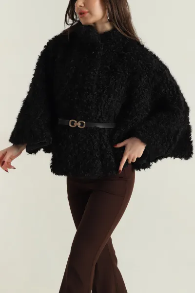Siyah Astarlı Düğmeli  Kadın Peluş Panço 417364