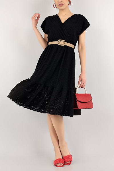 Siyah Astarlı Fisto Tasarım Kemerli Elbise 104345