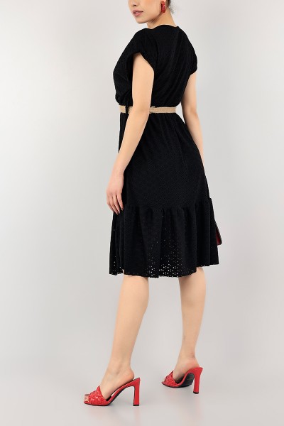 Siyah Astarlı Fisto Tasarım Kemerli Elbise 104345