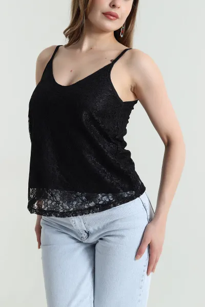 Siyah Astarlı İp Askılı Dantel Kadın Bluz 469491