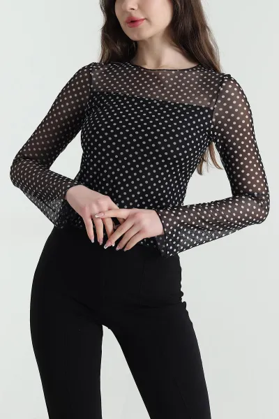Siyah Astarlı Puantiyeli Kadın Tül Bluz 452764