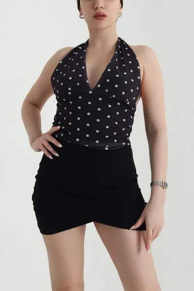 Siyah Astarlı Puantiyeli Tül Kadın Crop 450393