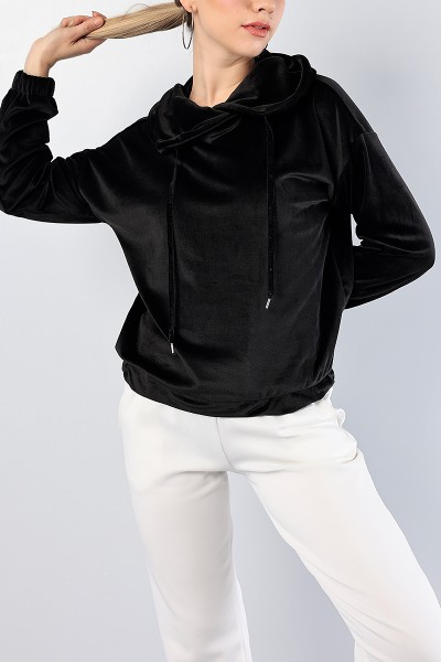 Siyah Astronot Yaka Bayan Kadife Sweat 81283